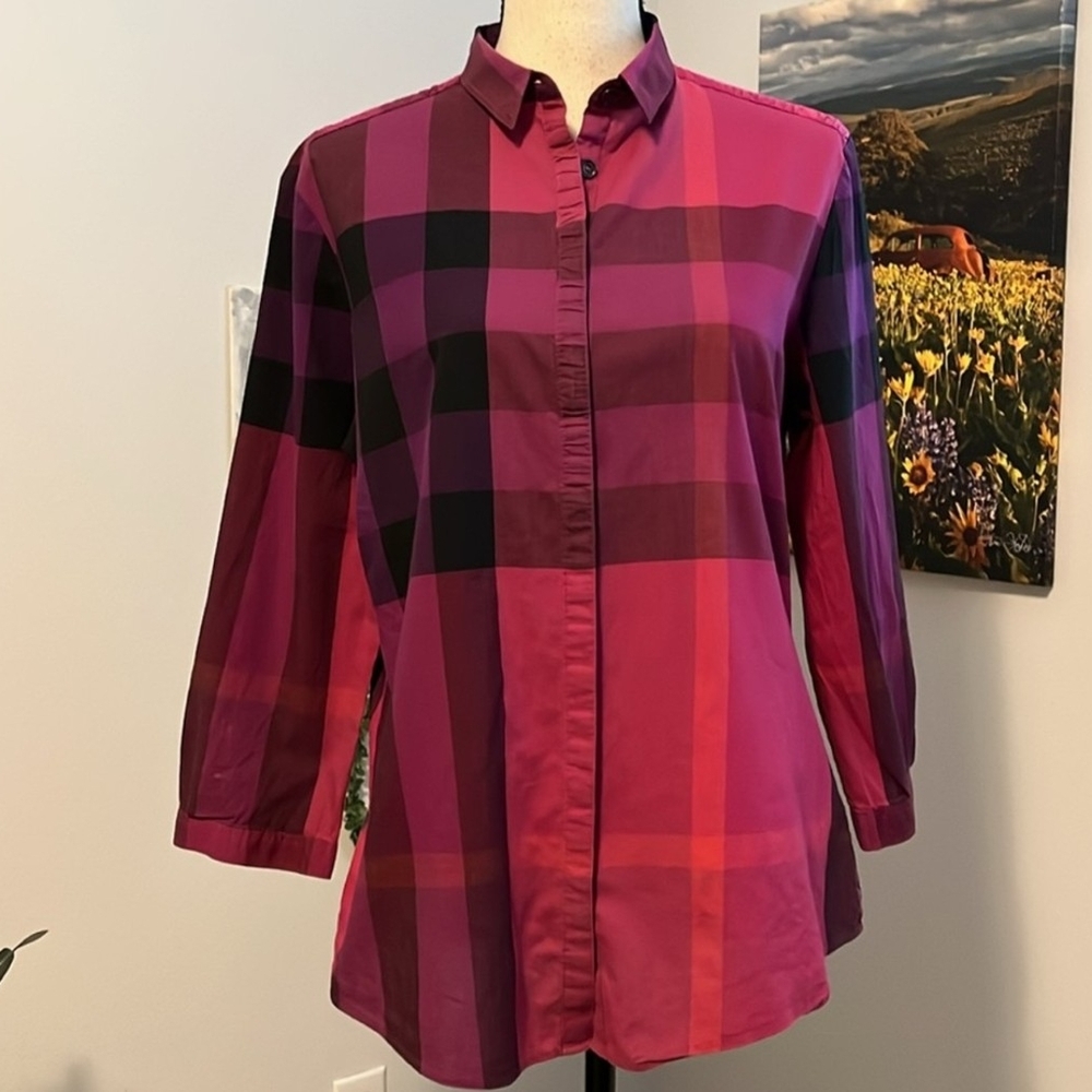 Burberry Pink/Purplish and Black Plaid Button-Down Shirt Authintic 💯✨👚